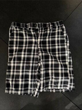 Men's Black & White Plaid Flat Front Shorts